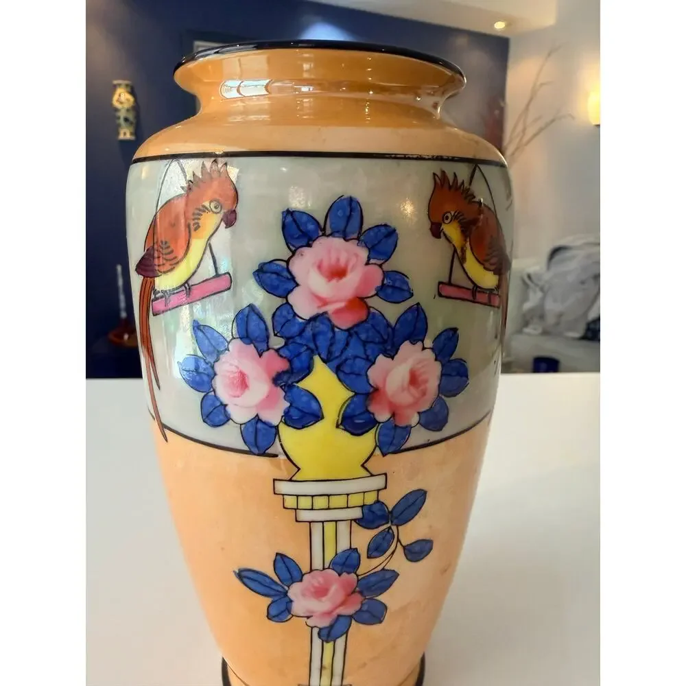 Vintage Hand Painted Japanese Lusterware Vase Parrots & Pink Roses 7.5